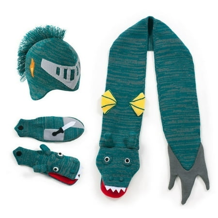 - Boys Blue Knight Hat Scarf Gloves Handmade Winter Set