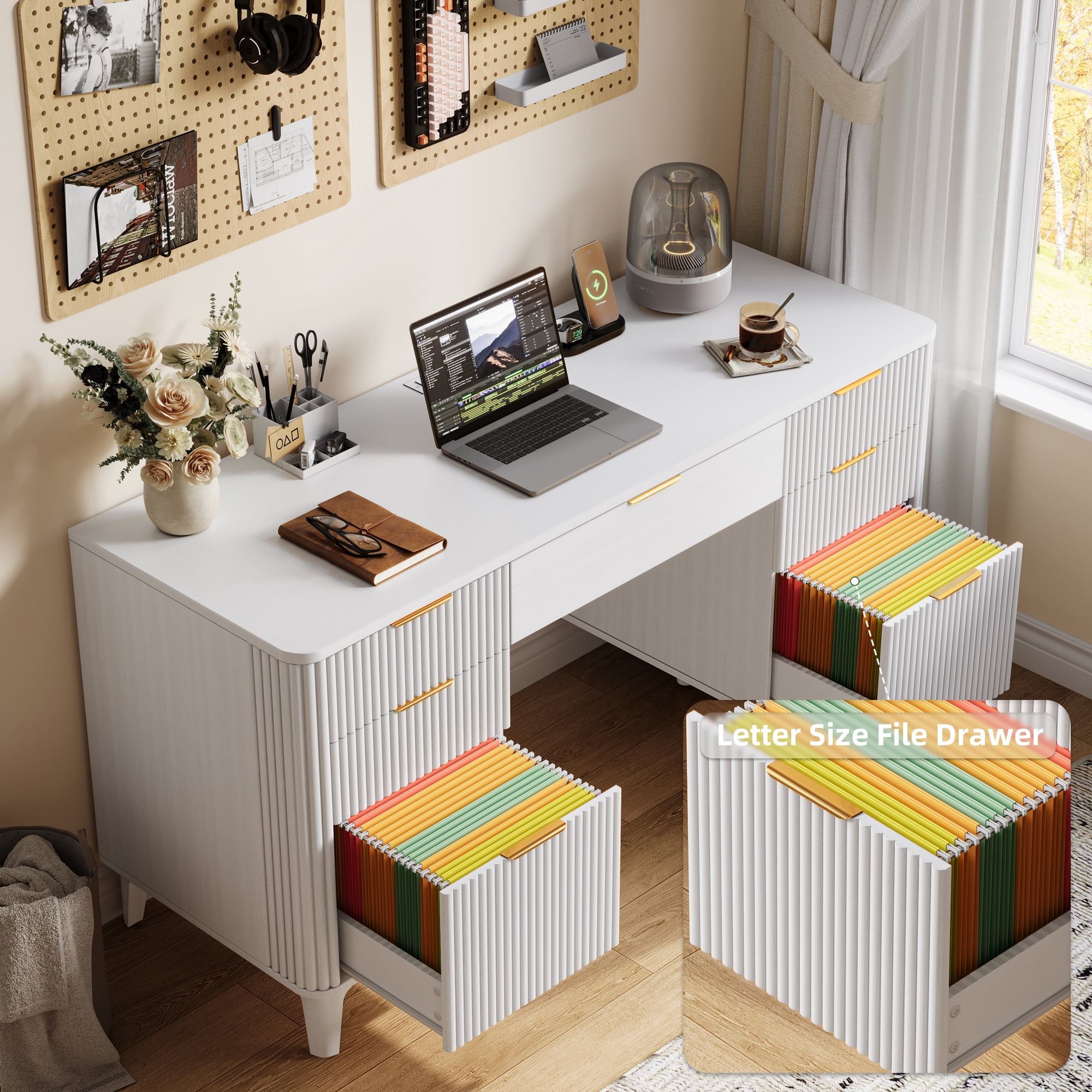 UGTOO White Modern 7-Drawer Desk with Power Strip – Home Office Storage & USB Charging Station (55.1" L x 19.6" W)