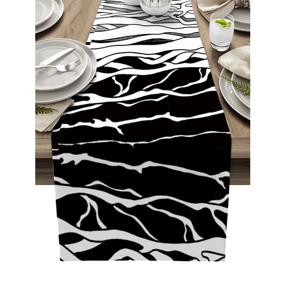 Table Runner Dresser Scarf 14 x 72 Inch Art Abstract Stripe Black and White Texture Table Runners Non-Slip Heat Kitchen Dining Table Decor for Indoor Outdoor Home Party Decoration