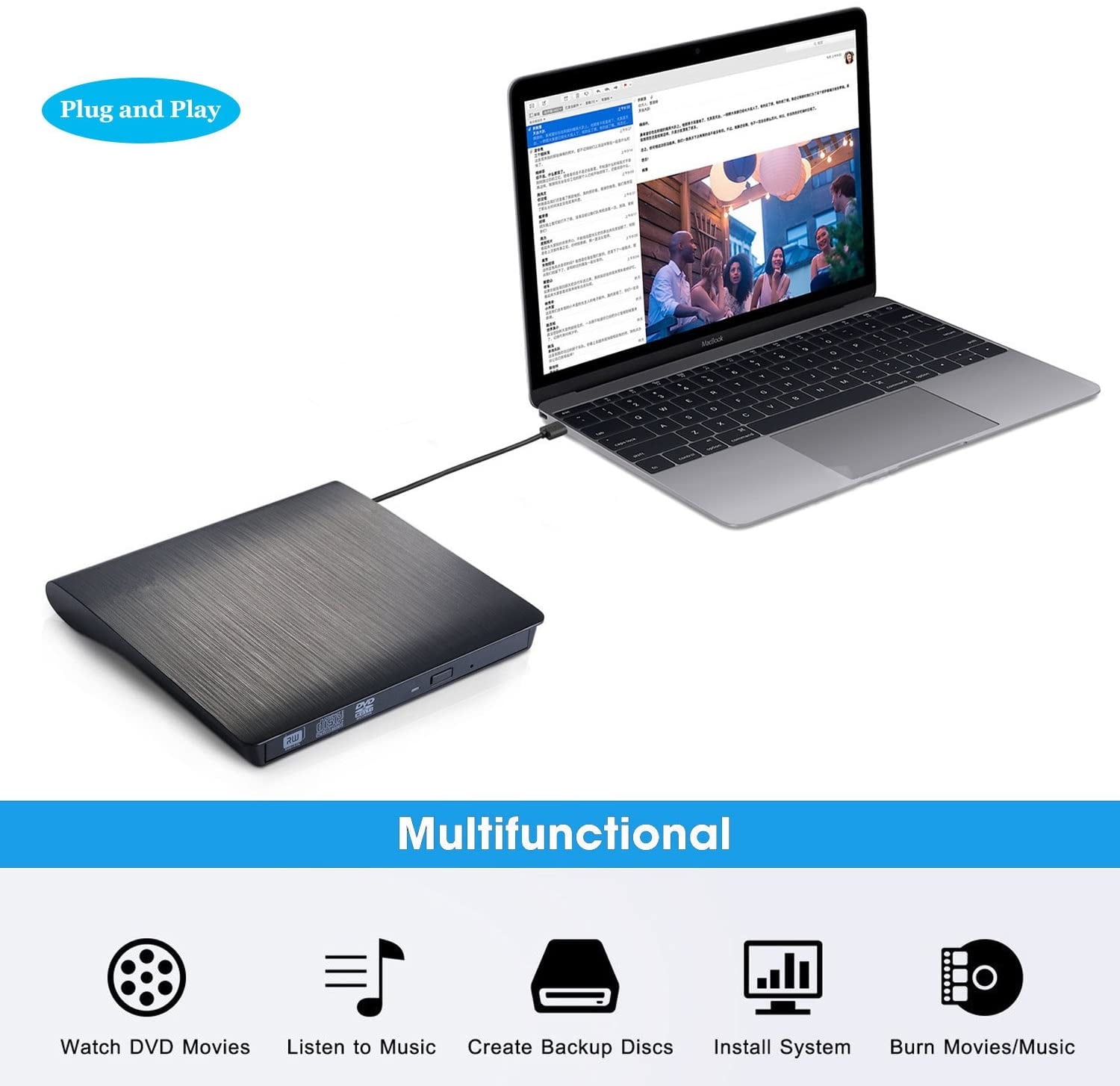 Lecteur de Cd / DVD externe pour ordinateur portable, Usb 3.0 Ultra-slim  Portable Burner Writer Compatible avec Mac Macbook Pro / air Imac Desktop  Windows 7/8/10 / xp / vista (