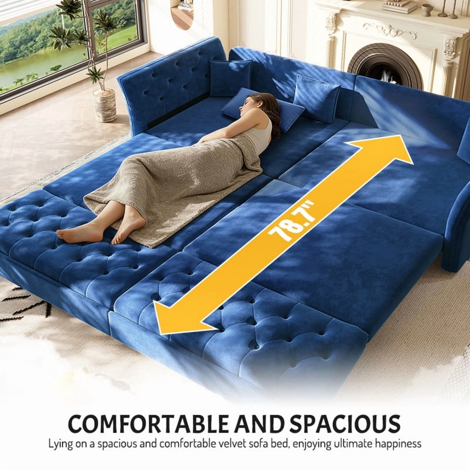 100"W Velvet Tufted 2-in-1 Pull Out Sofa Bed, Convertible Sleeper Sofa, Upholstered Oversized 4-Seater Couch