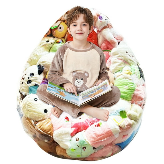 Grusce Clear Stuffed Animal Bean Bag Chair Cover, 150L Stuffed Animal Bean Bag Storage for Children Plush Toys Storage and Organizing No Filler Included