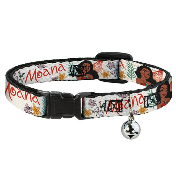 Disney Breakaway Cat Collar With Bell, Plastic Clip, Easy Adjustable, Moana with Pua and Hei Hei Sail Pose with Script Beige Orange, 8.5 to 12 Inches 0.5 Inch Wide