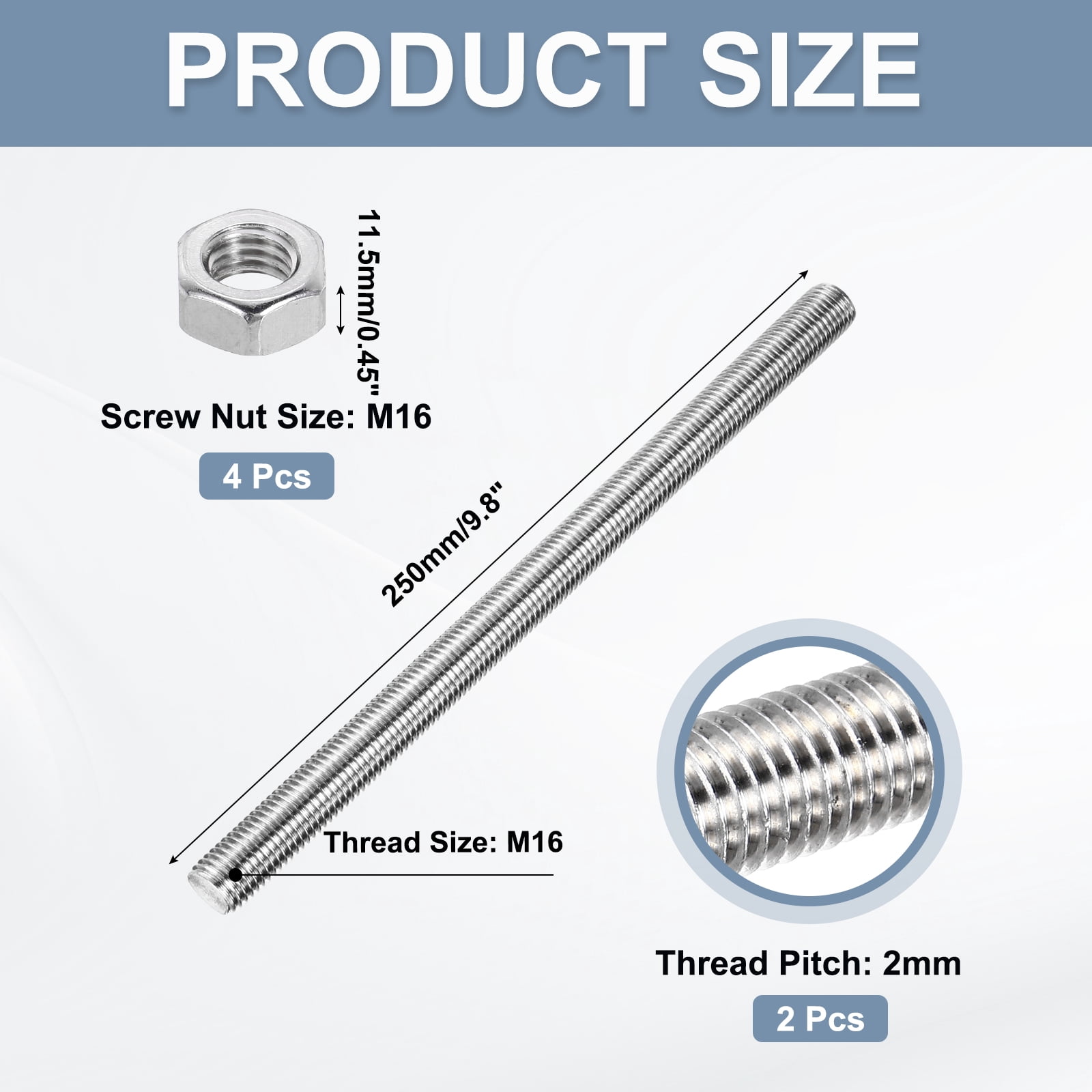 Uxcell Fully Threaded Rod M16 x 250 2mm Pitch 304 Stainless Steel With Screw Nuts 2Pcs