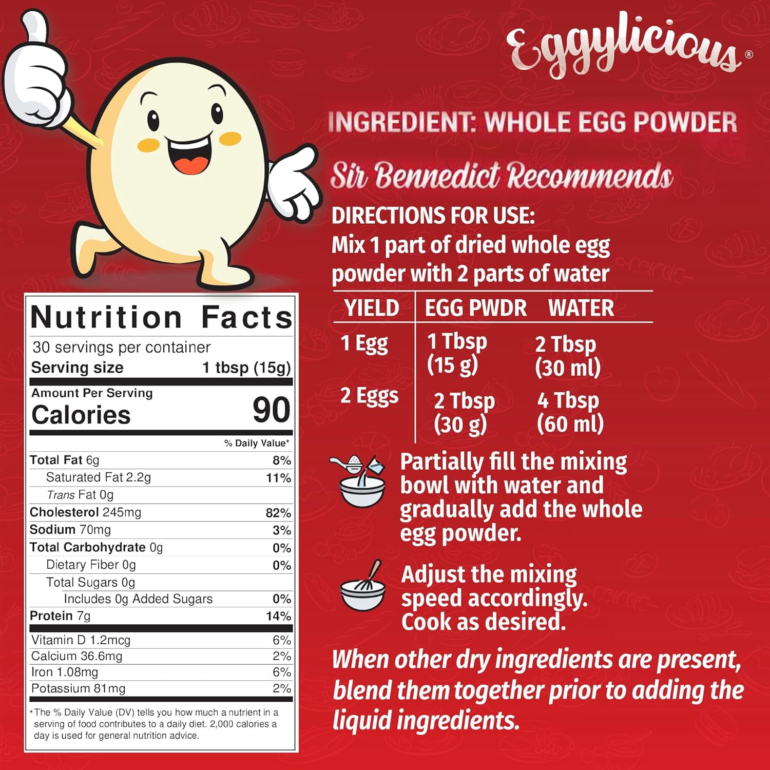 Eggylicious Whole Egg Powder, Dried Natural Protein Powder, Made from Fresh Eggs White & Yolk mixed, Pasteurized, 1lbs (16oz)