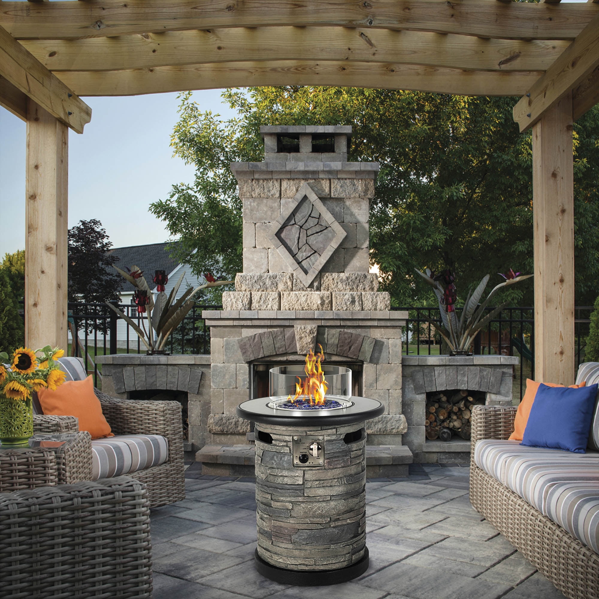 BAIDE HOME 22" Column Outdoor Propane Fire Pit, 40,000 BTU Round Gas Fire Bowl with Porcelain Tile Top, Wind Glass Shield, Glass Rocks, Cover