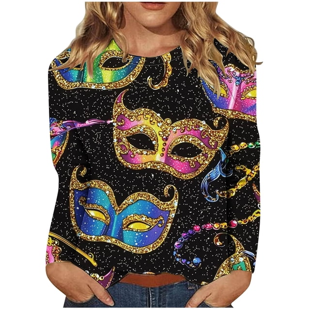 RXMEKW Chandail Imprimé Carnaval pour Femmes Manches Raglan Haut Décontracté Manches Longues Mélange Polyester Grande Taille