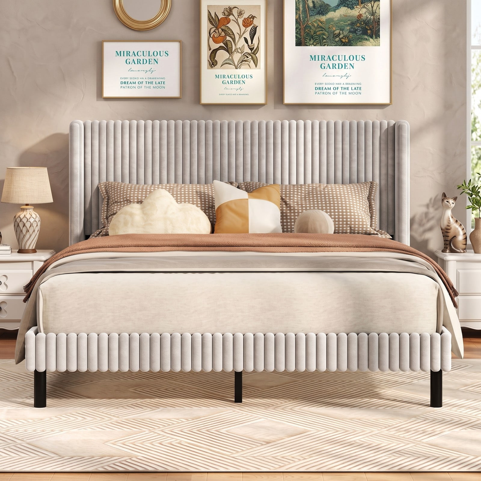 Furnibear Queen Bed Frame with Headboard, Velvet Upholstered Platform Bed with Vertical Channel Tufted Wingback Headboard, White