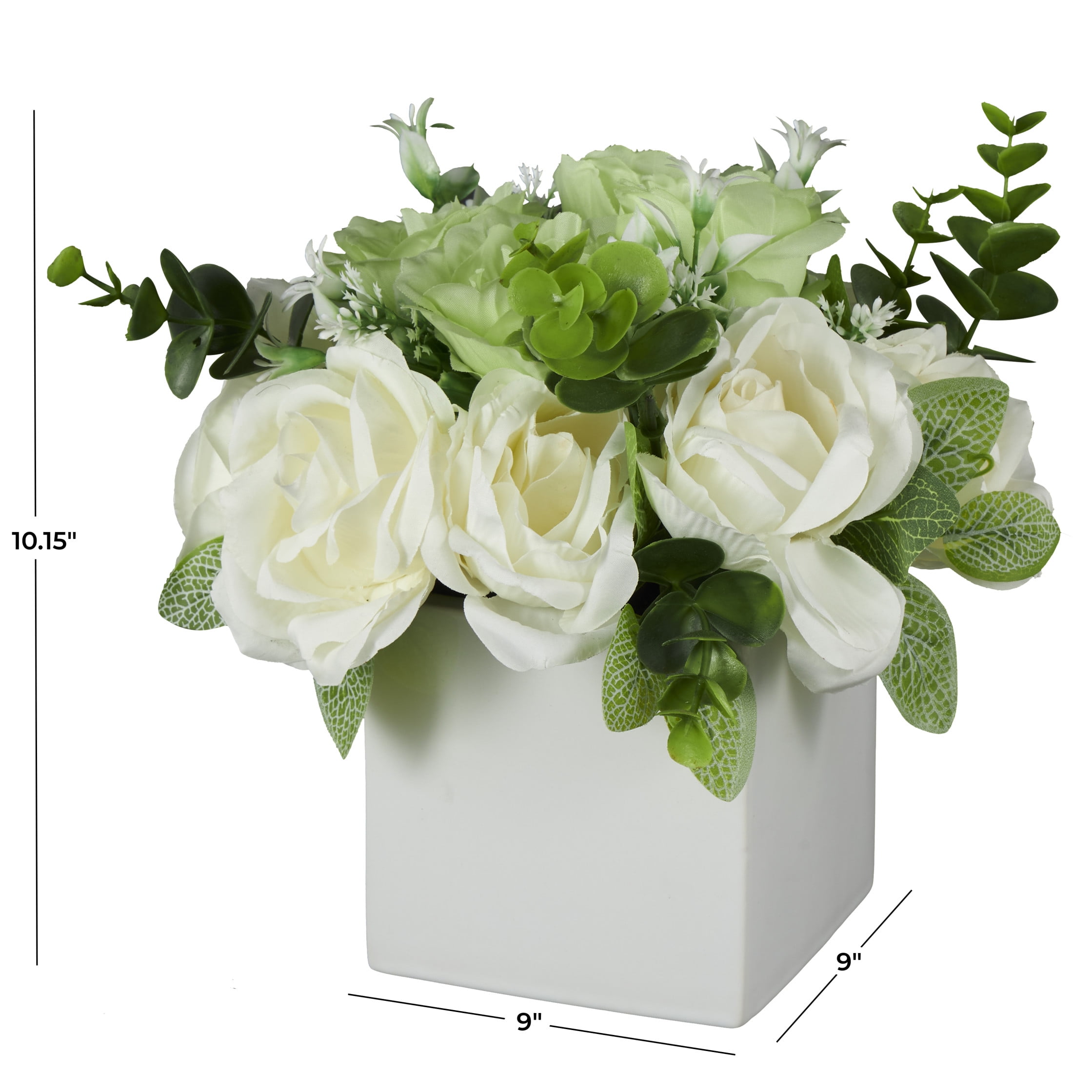 10" Plastic  Hydrangea and Pom Pom Artificial Flower in Green Leaves and Square Ceramic Vase, by DecMode