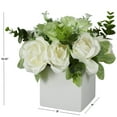 thumbnail image 3 of 10" Plastic  Hydrangea and Pom Pom Artificial Flower in Green Leaves and Square Ceramic Vase, by DecMode, 3 of 9