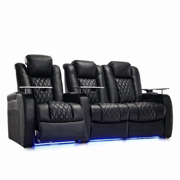 Weilianda Luxury Home Theater Seating Electricity Recliner Power Headrest Recliner Top Grain Leather Movie Chair Gaming Sofa with Tray Table USB Charging Cup Holders,Row of 3 Loveseat Right Black