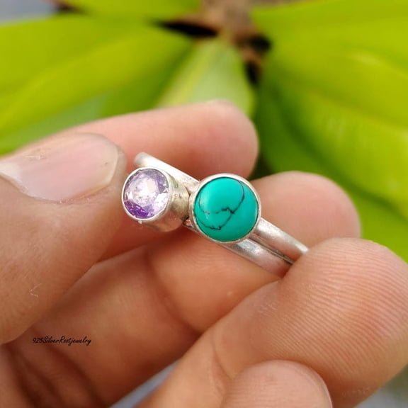 TRIDHA SILVER- Turquoise Amethyst Ring - Handcrafted 925 Sterling Silver Bypass Two Stone Ring Featuring Natural Turquoise Gemstone and Faceted Amethyst Birthstone Gift
