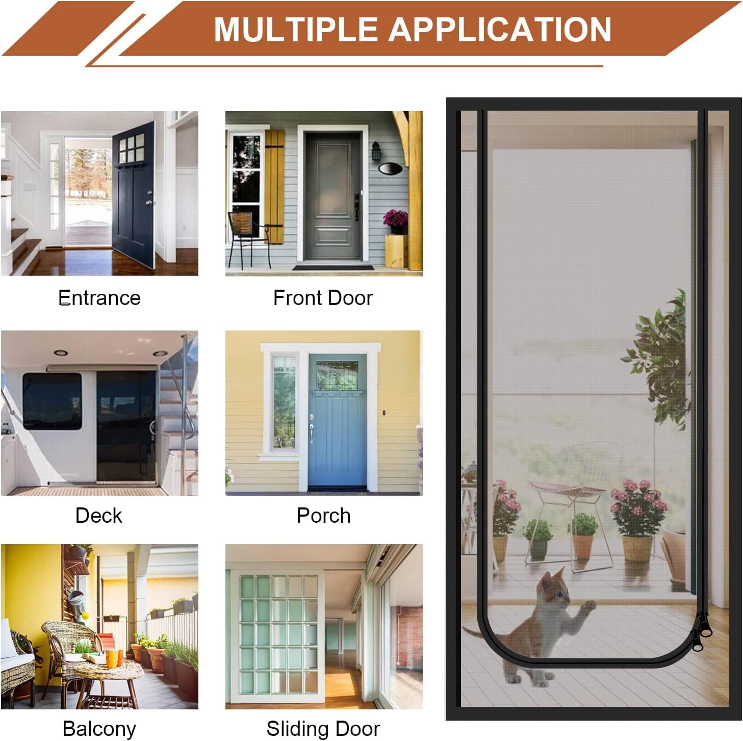 OhhGo Reinforced Cat Screen Door, 31.5X82.6'' Heavy Duty Pets Proof Screen Door with Bilateral Zipper, Prevent Dogs Cats Running Out from Home, Bedroom, Kitchen Patio Door, Black