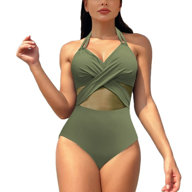 Ersazi Womens Swimsuits 2024 Spring Fashion Solid Color Mesh Bikini Swimsuit On Clearance Army Green S