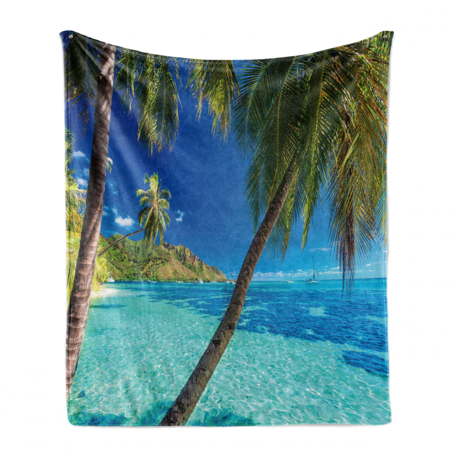 Ambesonne Tropical Soft Flannel Fleece Throw Blanket Cozy Plush for Indoor and Outdoor Use Aqua Green Exotic Beach with Coconut Palm Trees and Rocks Journey Oceanic Coastal Design 60 x 80