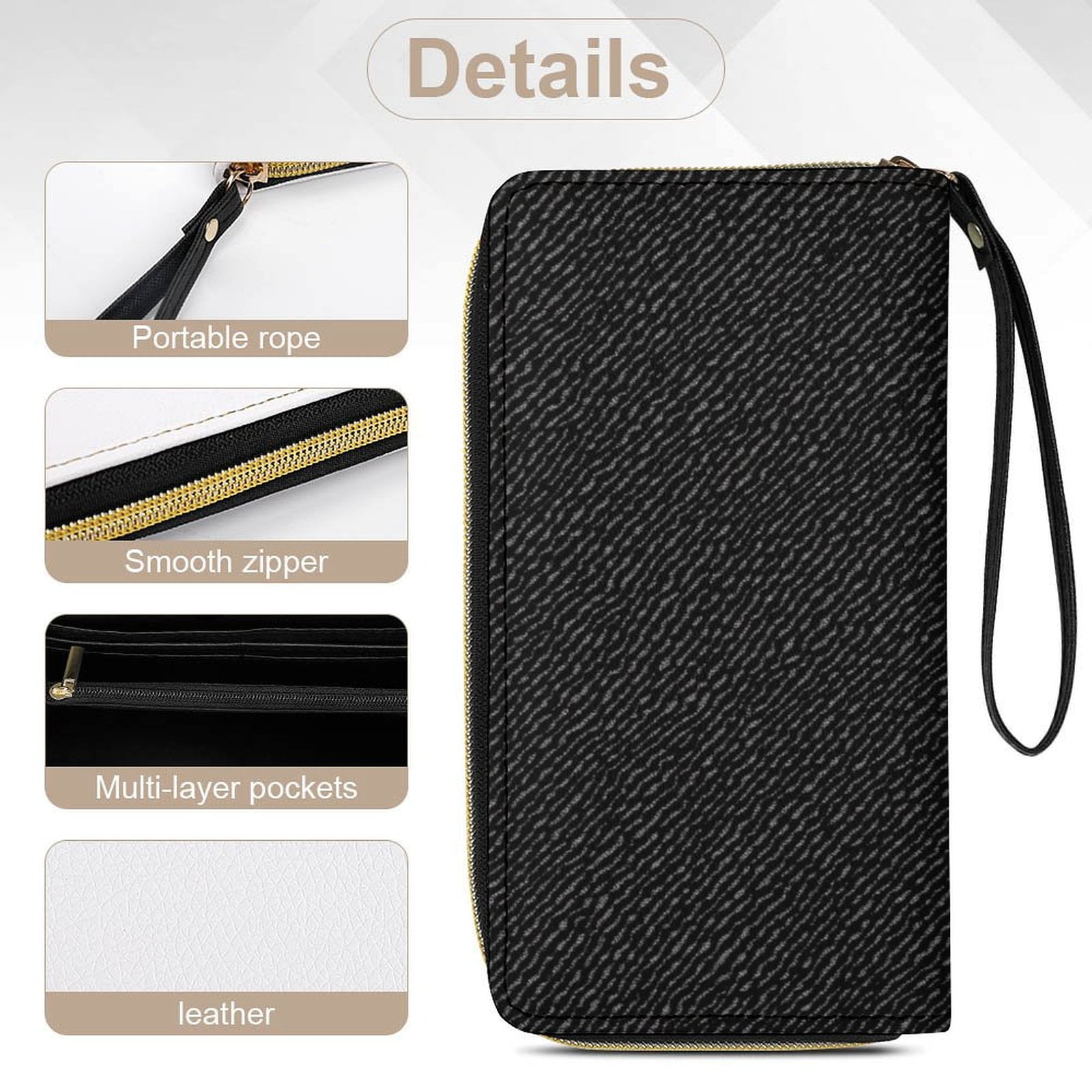 Womens Wallet Bifold Ladies Cluth Bag Wristlet Wrist Strap Long Purse Black Denim Pattern Texture Design