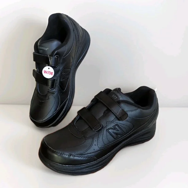 New Balance 577 SL-2 Mens Sz 8D Wide Black Leather Hook And Loop Walking Shoes