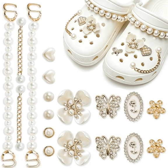18pcs Bling Coquette Shoe Charms for Clogs Bogg Bag Pearl Butterfly Flower Rhinestone Jewelry Decor Cute Accessories for Women Girls Teens