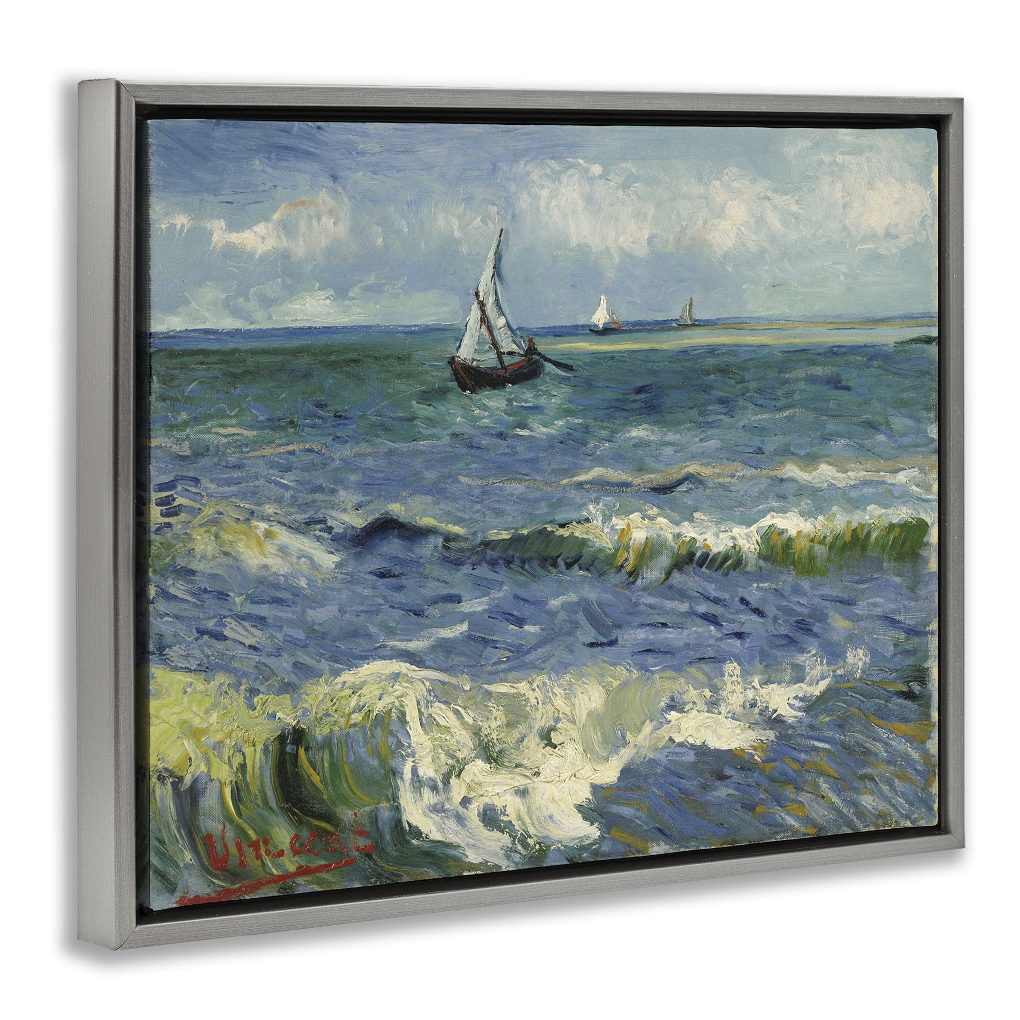 Stupell Industries Classical Seascape with Boat Nautical & Beach Painting Gray Floater Framed Canvas Art Print Wall Art, 21 x 17