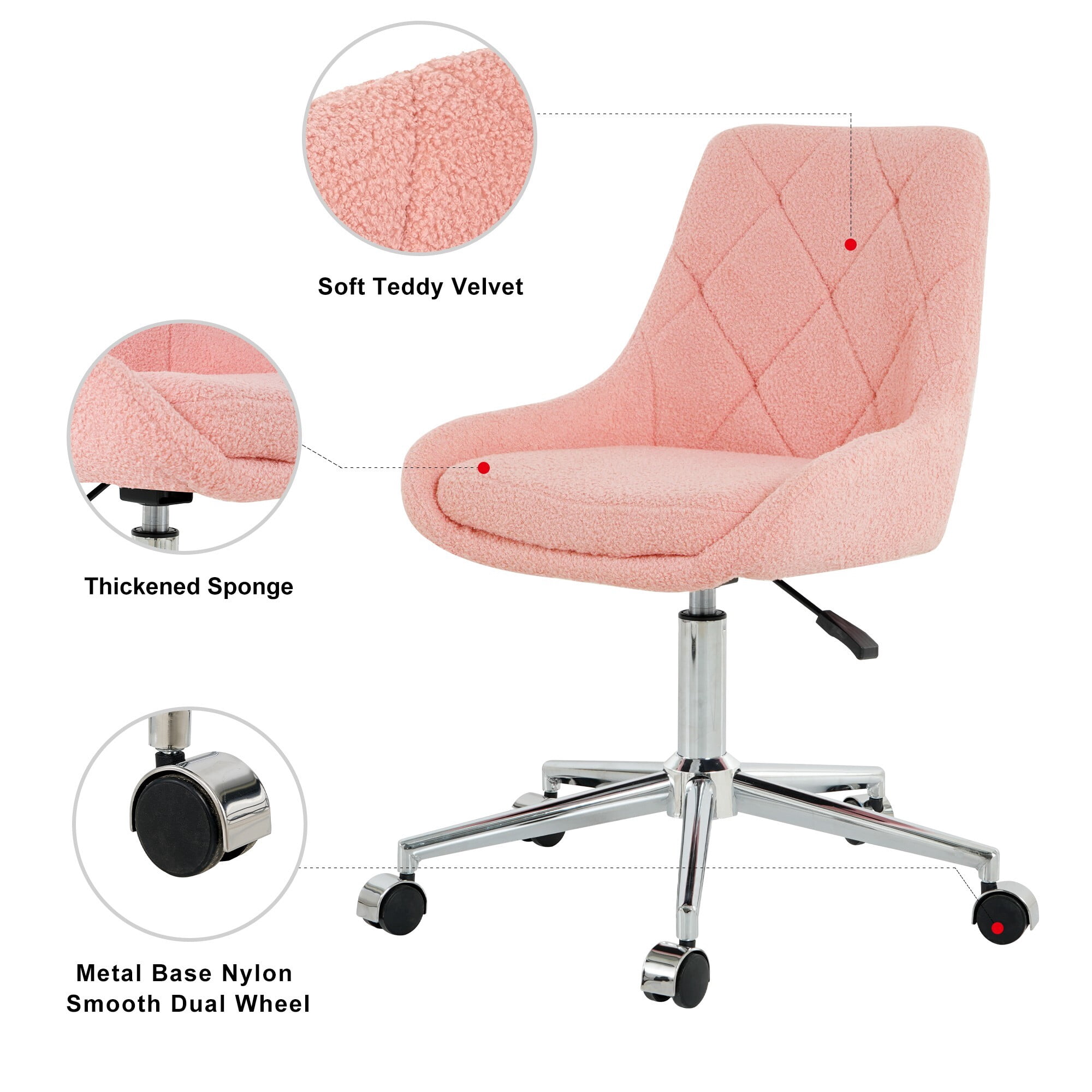 AENKYO Teddy Fabric Desk Chair, Ergonomic Swivel Computer Chair with Adjustable Height, Comfy Task Chair for Home Office, Pink