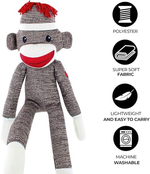 Made By Aliens Adorable Brown Sock Monkey, The Original Traditional Hand Knitted Stuffed Animal Toy Gift-for Kids, Babies, Teens, Girls and Boys Baby Doll Present Puppet 20 Inches