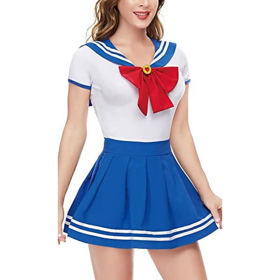 CutiePlusU Button Crotch Onesie Adult Romper Bodysuit Cosplay Magical Sailor Onesie Skirt Set XS-BlueWhite