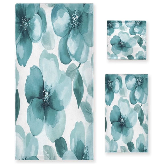 Three-Piece Towel Set Face Towel Towel Set Hand Towel Bath Towel Cotton Bath Towels Bath Towel Sets Hand Bath Towels Cartoon Turquoise Flowers Seamless