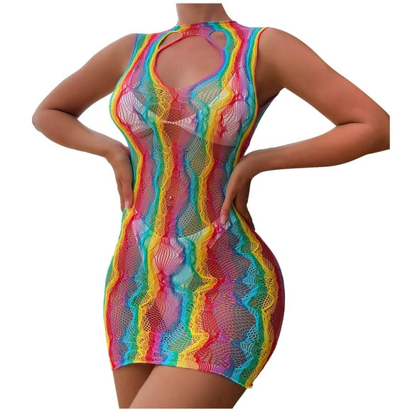 TSADFHJI Mens Sexy Lingerie Set Sexy Colorful Lace Bodysuit for Women Sheer Tight Sleeveless Backless Rainbow Stripe Bikini Cover up One Size Red