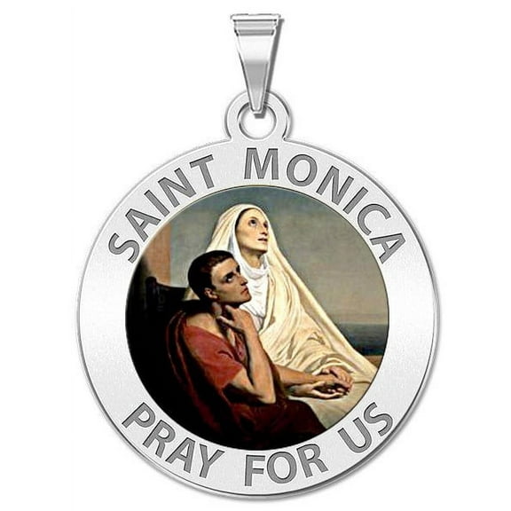 Saint Monica W/ Her Son Saint Augustine Religious Medal Color - 2/3 Inch Size of Dime, Sterling Silver