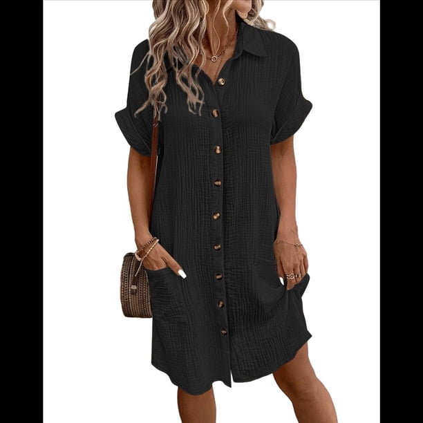 Vestido Túnica Holgado Informal de Verano para Mujer, de Algodón y , con Botones, Escote en V, Corta, Color Negro, Talla L