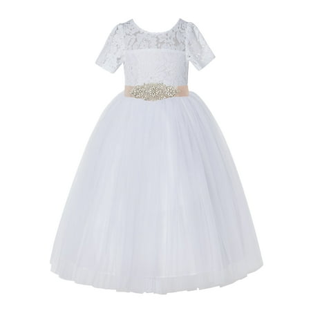 

White Floral Lace Tulle Flower Girl Dress Junior Prom Ballroom LG2R3