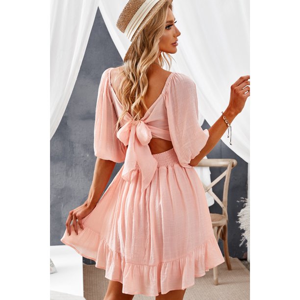 ABPHQTO Mini vestido de cintura alta con volantes y cuello cuadrado con nudo de lazo para mujer