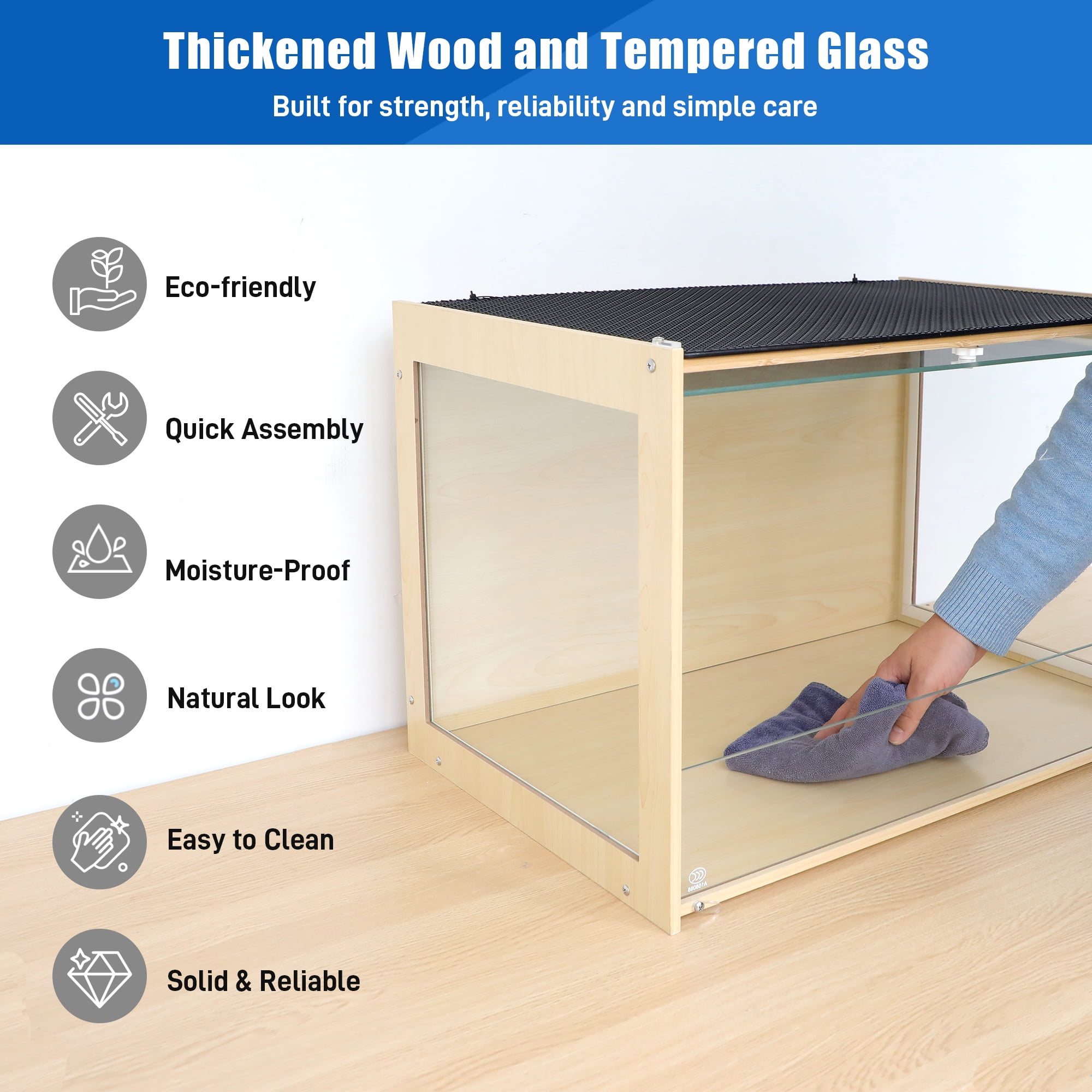 Reptile Terrarium Enclosure Bearded Dragon Tank 30Gallon, 24*16*16inch Tempered Glass Front Opening Reptile Snake Tank Enclosure Cages with Wood Frame & Metal Mesh Top for Gecko Lizard Spider Turtles