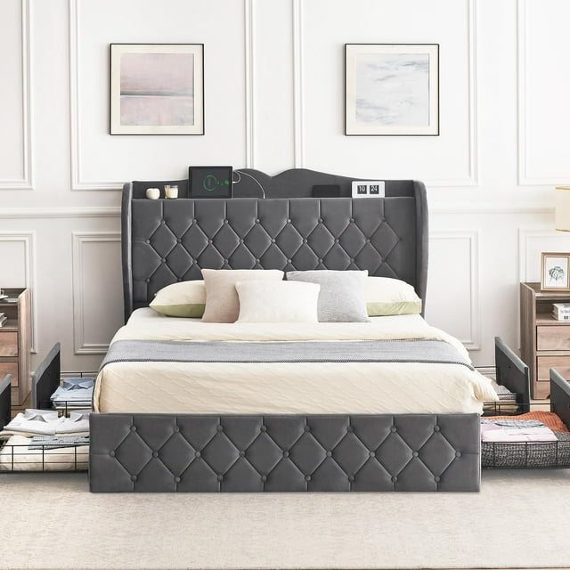 Bed Frame with 4 Drawers, Upholstered Platform Bed Frame with Charging Station Headboard, Queen Size Bed Frame, No Box Spring Needed, Noise-Free, Easy Assembly