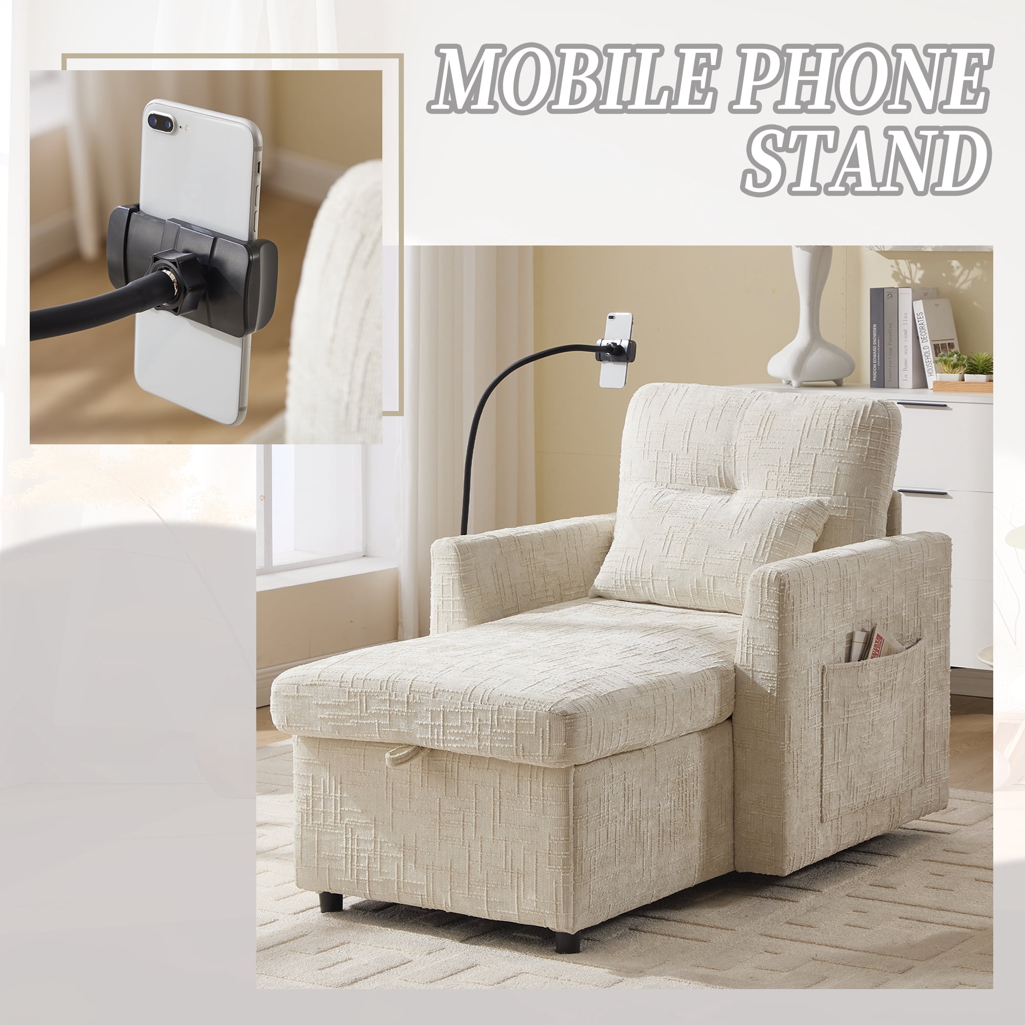 MOONMISS Chenille Upholstered Storage Lazy Single Leisure Chair Sofa with Phone Holder&Side Pocket-Beige