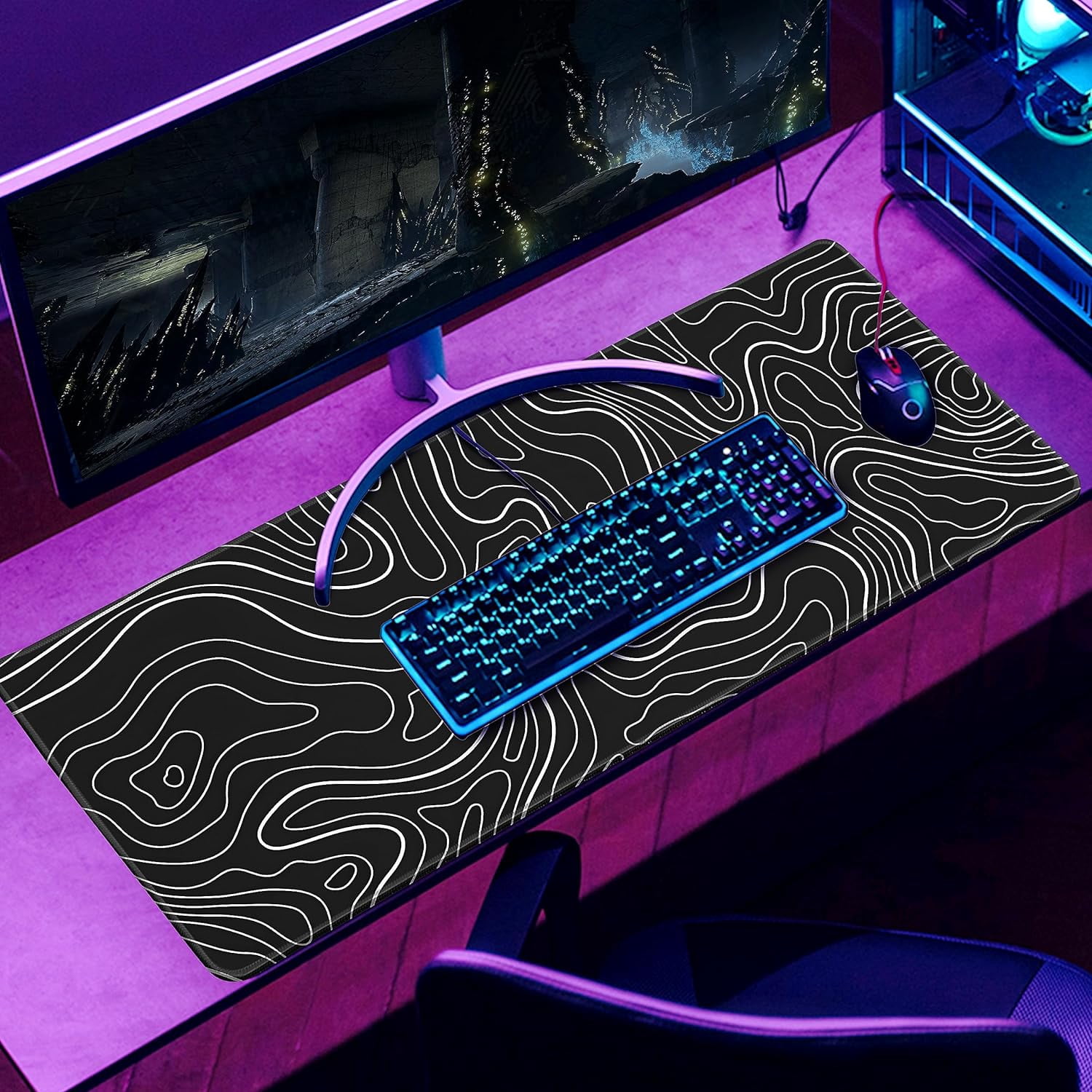 Topographic Contour Gaming Mouse Pad，Large XL Mouse Pad Big Mouse mat,Long Computer Keyboard with 3mm Non-Slip Base and Stitched Edge for Gaming Home Office Work，31.5x11.8in