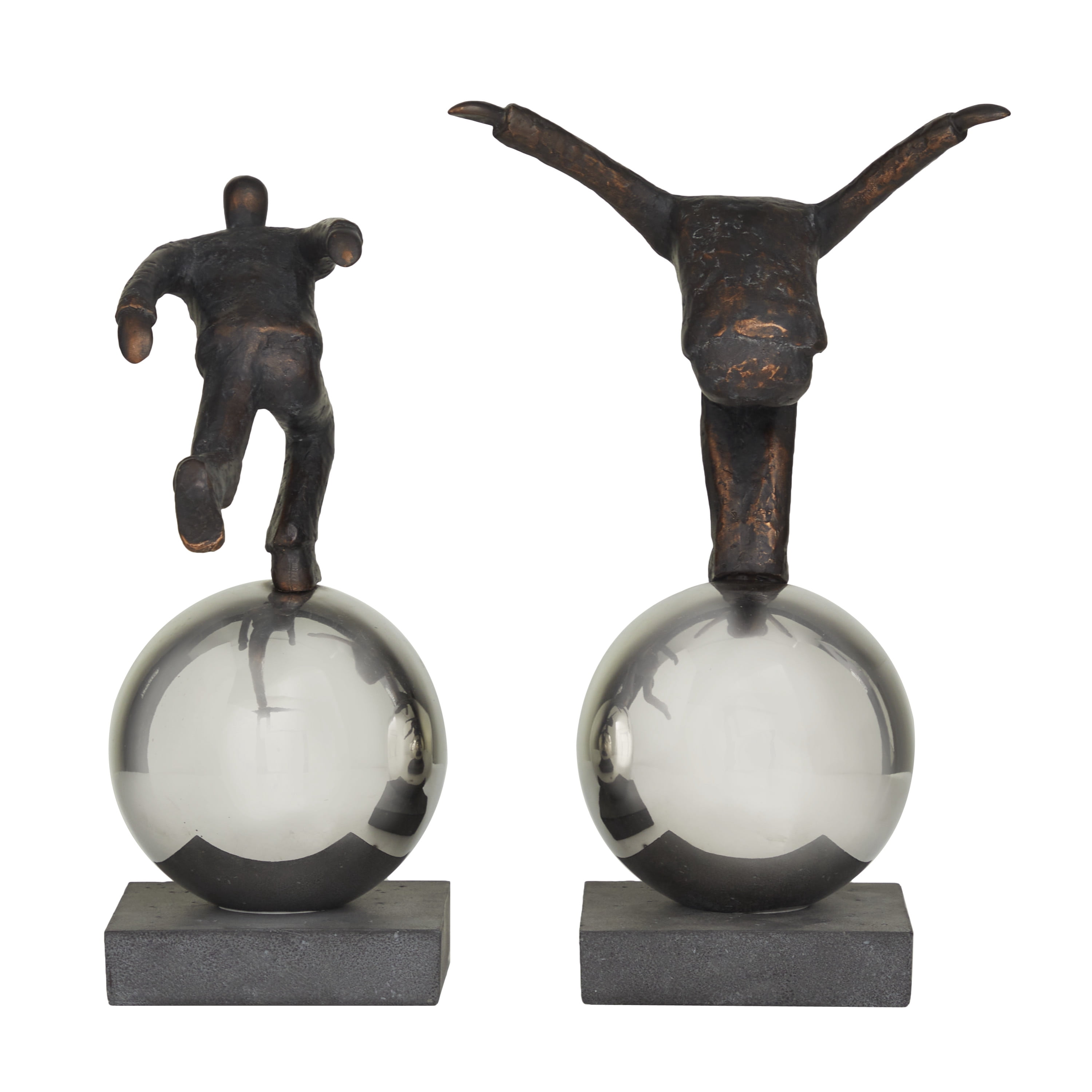 13", 14"H Bronze Polystone People Sculpture with Silver Ball Stands, by DecMode (2 Count)