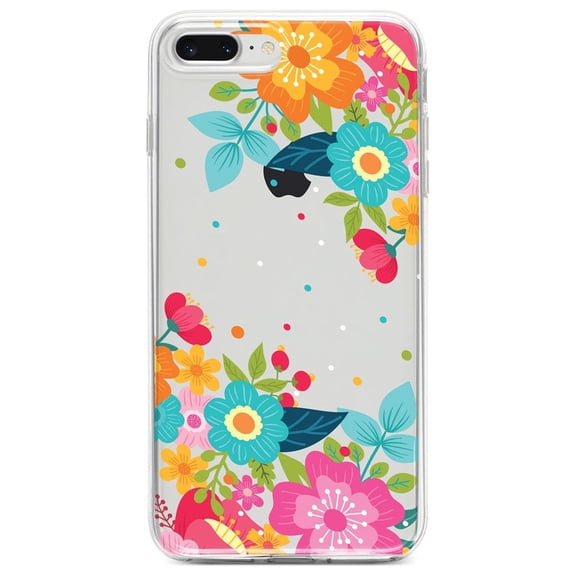 DistinctInk Clear Shockproof Hybrid Case for iPhone 7 PLUS / 8 PLUS (5.5" Screen) - TPU Bumper, Acrylic Back, Tempered Glass Screen Protector - Bright Colored Flowers and Dots