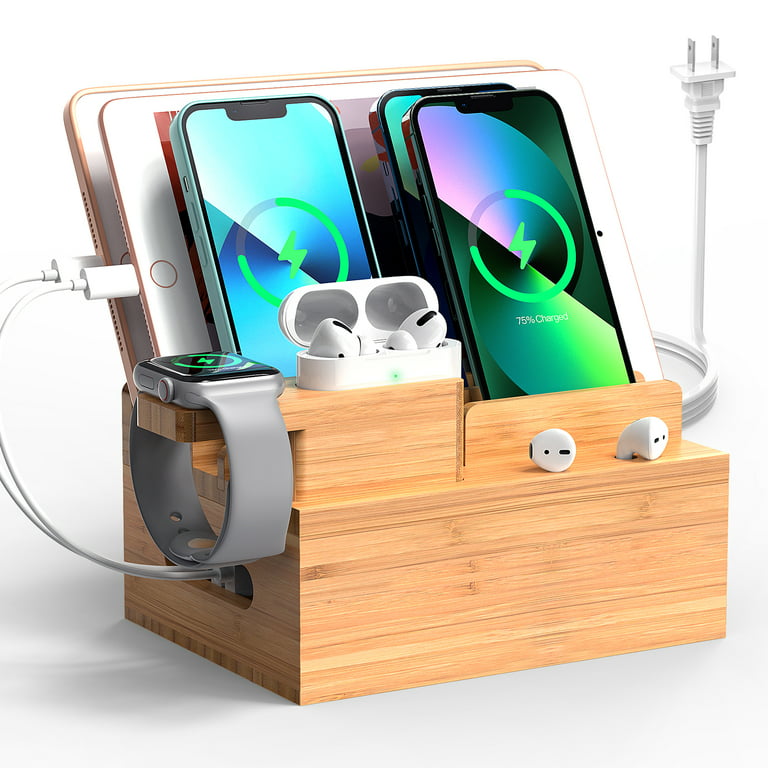 Bamboo Charging Station for Multiple Devices (Included 5 Port USB Charger,  6 Pack Charge & Sync Cables, SmartWatch & Earbuds Stand), Electronic Device 