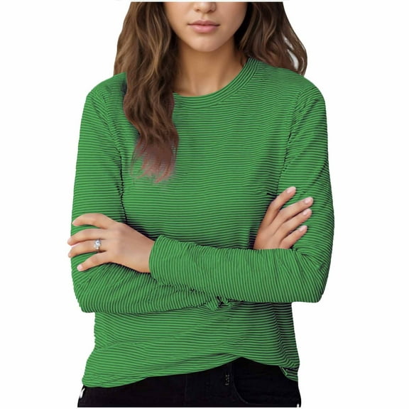 SwiftWear Women's Striped Long Sleeve Crew Neck Shirt Soft Stretch Knit Basic Going Out Tops Trendy Casual Comfort Tee for Fall Winter​, Green
