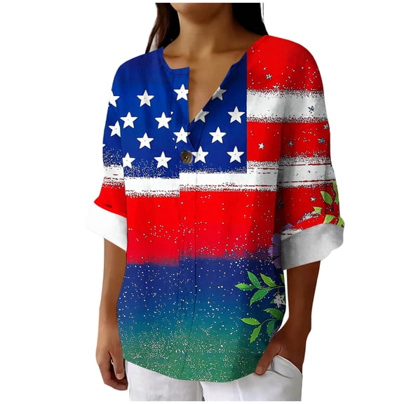 Womens Patriotic Linen Shirts Long Sleeve Button Down Floral Shirt Tops Loose Holiday July 9th Outfits Watermelon Red, 3XL