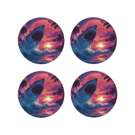 

Tideii Hawaiian Island Beach Shark for Leather Coasters 4 Pieces Anti-fouling and Anti-scalding Decorative Coasters Suitable for Restaurants Kitchens Coffee Shops-Round Shape