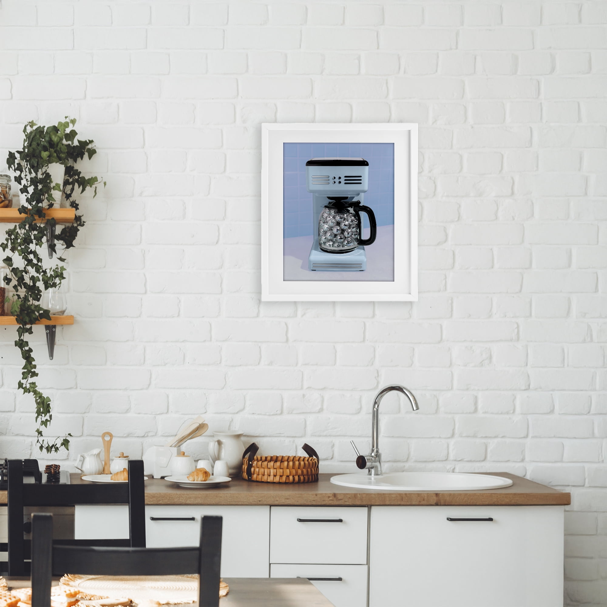 Stupell Industries Disco Coffee Maker over Blue White Framed Print Under Glass, design by LISH Creative