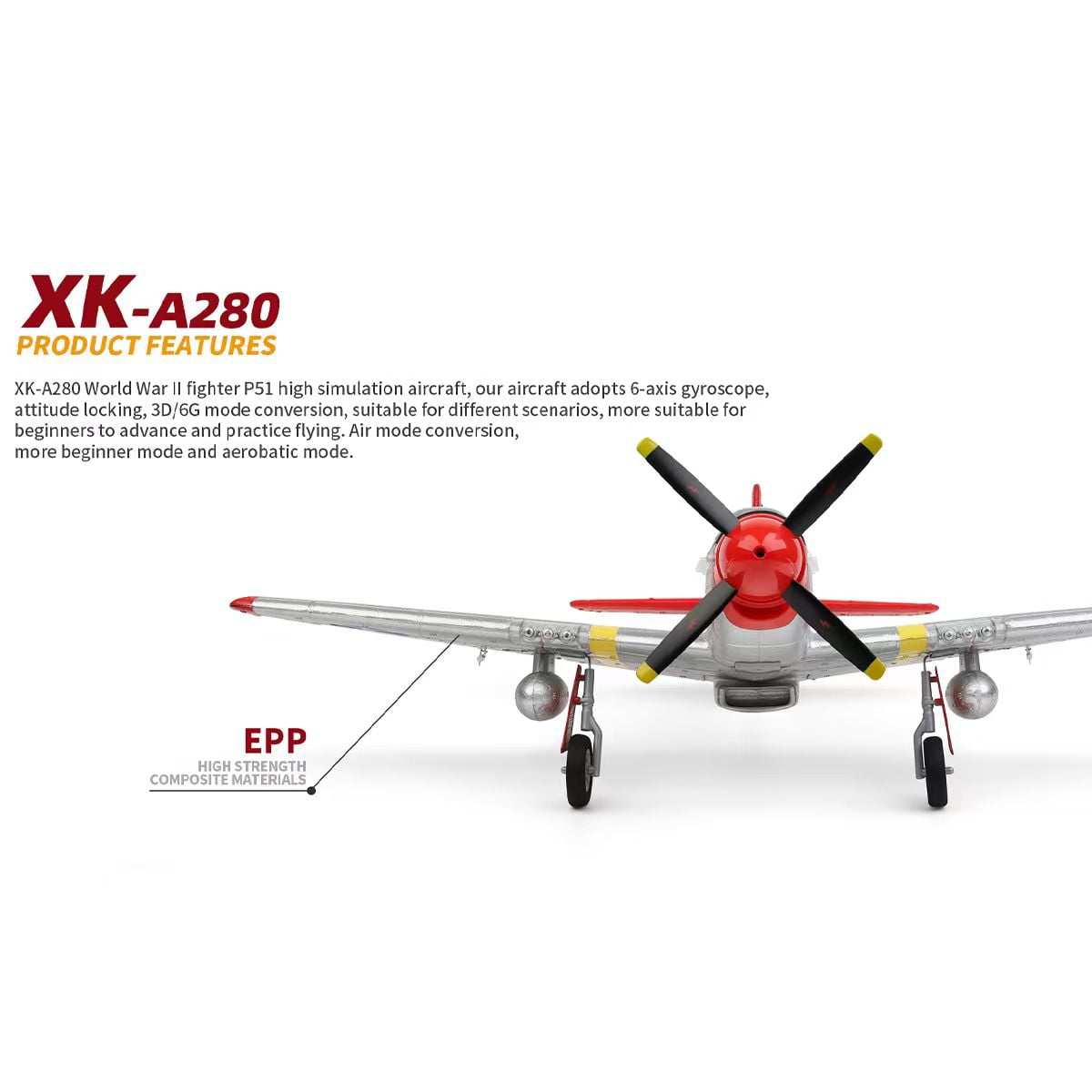 XK A280 P-51 RC Airplane for Adults, 560mm Wingspan 4CH 2.4GHz Brushless Fixed Wing Plane, 3D/6G Gyro Stabilization, EPP Foam Aircraft Model RTF with LED Night Flight & Anti-Loss System