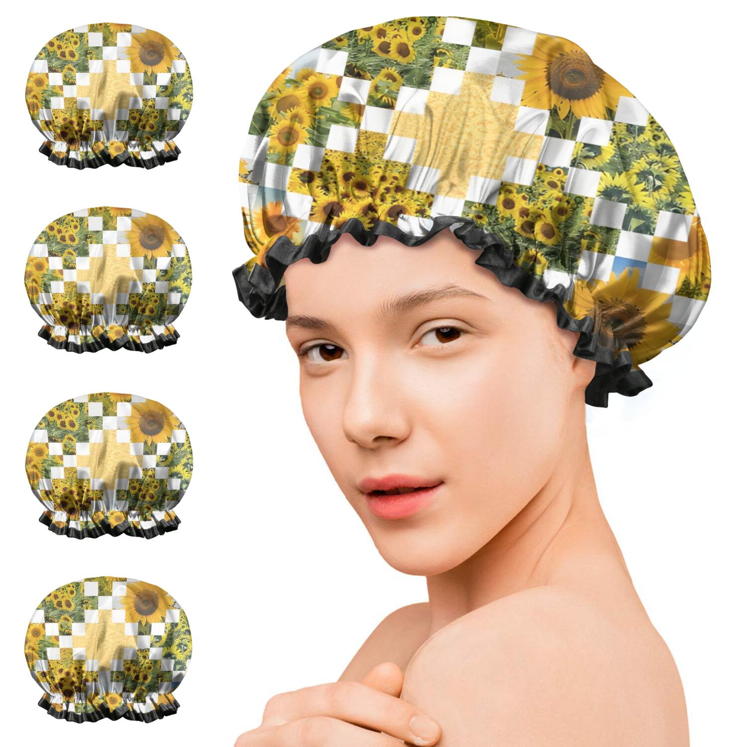 Shower Caps,Sunflower Checkered Pattern Waterproof Shower Cap for Women 4 Pieces,Double Reusable Hair Cover for Shower PEVA Elastic Stretch Hem