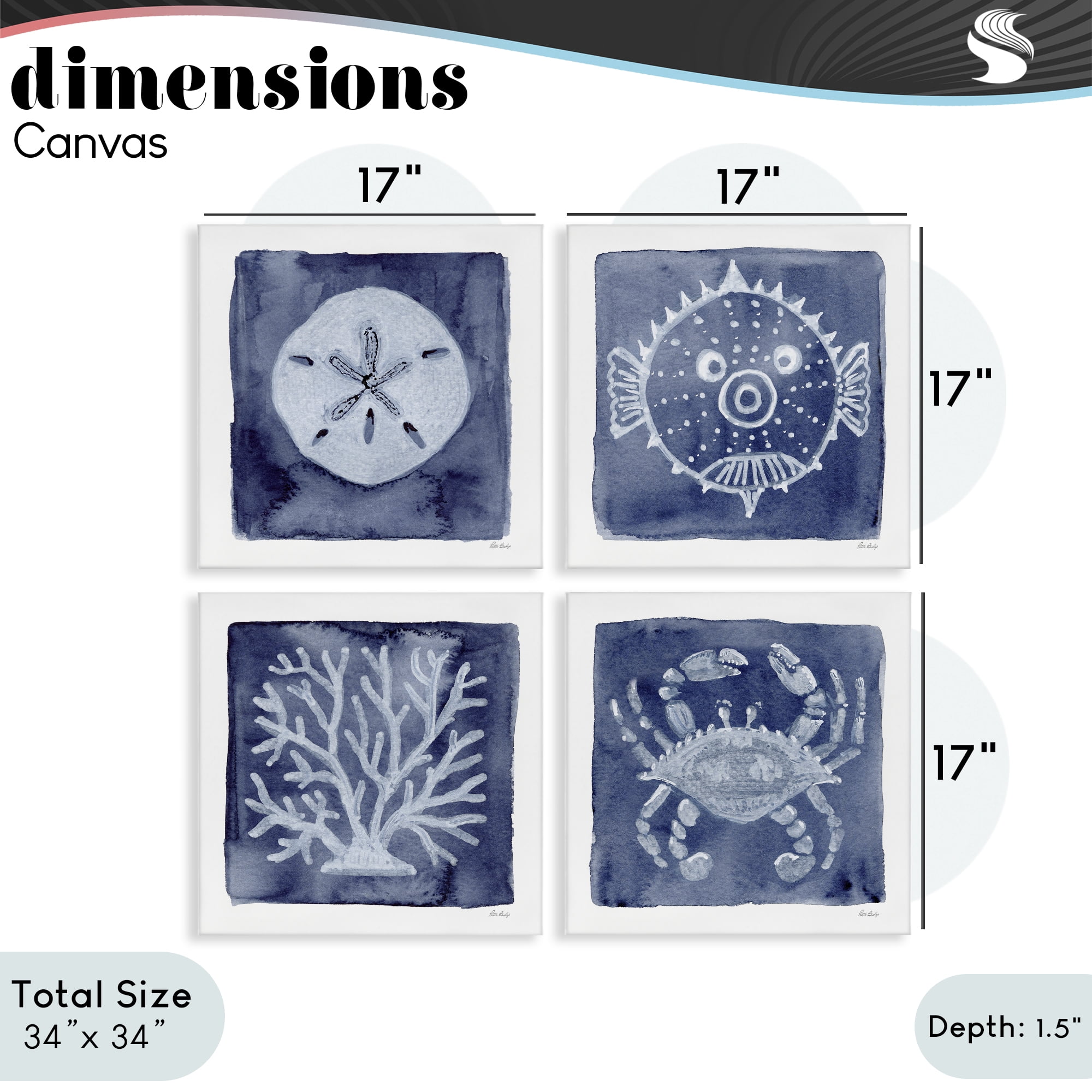 Stupell Industries Aquatic Creatures on Indigo 4 Piece Canvas Wall Art Set, design by Patti Bishop