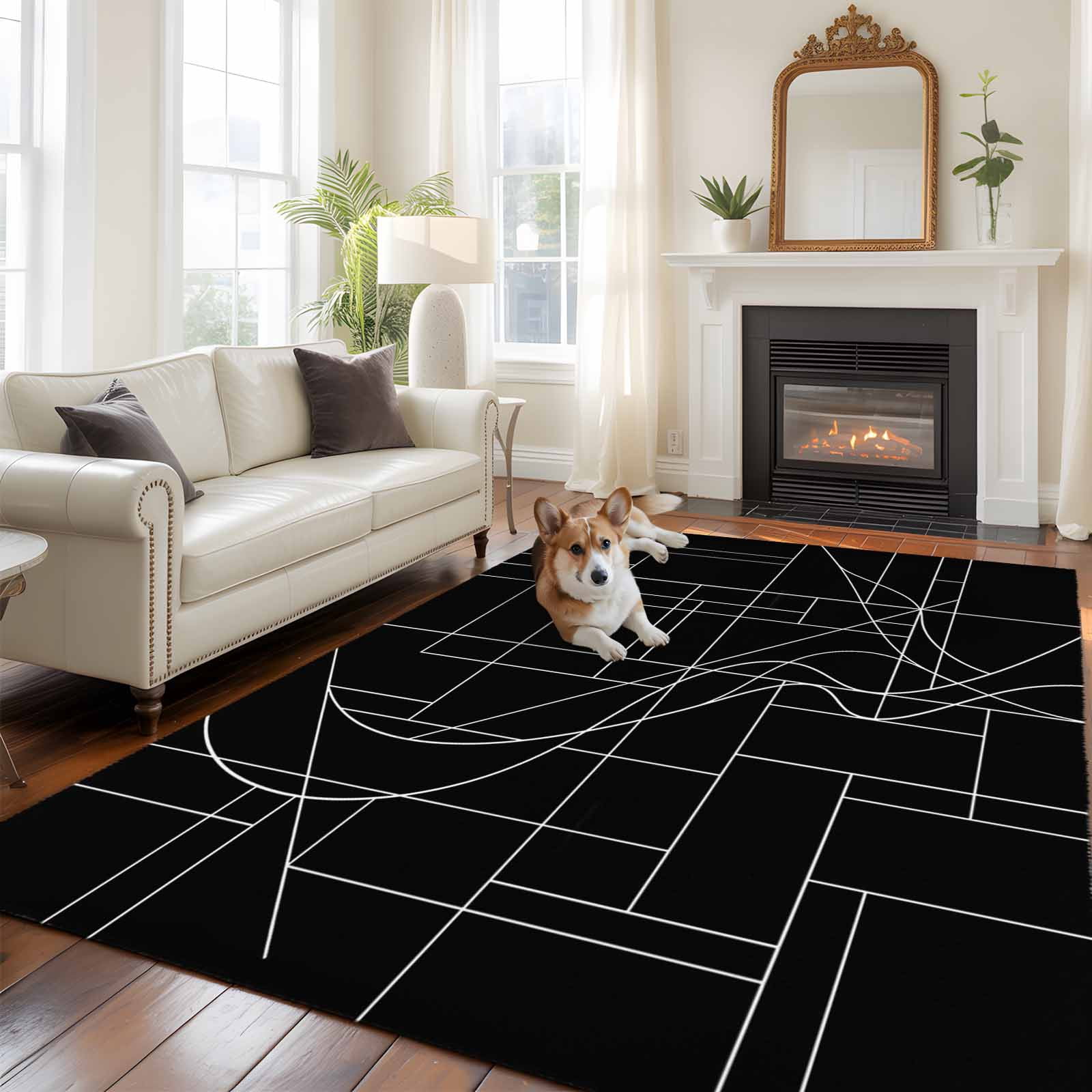 Black Striped Geometric Area Rugs 6'x9', Washable Small Throw Rugs for Kitchen Dining room, Modern Abstract Art Stripes Indoor Outdoor Rug Non-Slip Low Pile Carpet Runner Reversible Floor Mats