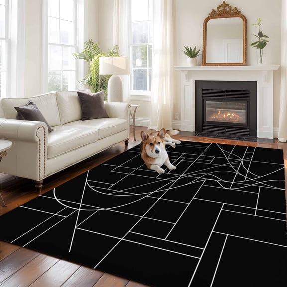 Lines Large Area Rugs 8x10 ft Abstarct Geometric White Lines Black Washable Rug Non Slip Indoor Carpet Absorbent Floor Mat for Living Room Bedroom Dining Room