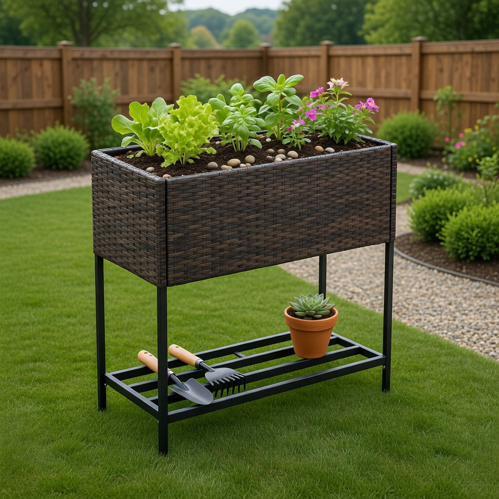 GVN Planter Garden Boxes Outdoor,Wicker Raised Garden Bed with Storage Shelf and Removable Liner for Flowers