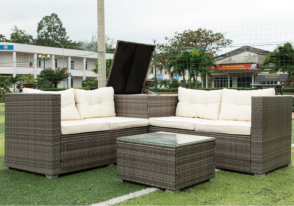 Private Jungle 5 Pcs Outdoor Wicker Furniture Sets, Rattan Patio Conversation Set with Cushion and Glass Table, Creme Private Jungle 5 Pcs Outdoor Wicker Furniture Sets, Rattan Patio Conversation Set with Cushion and Glass Table, Creme
